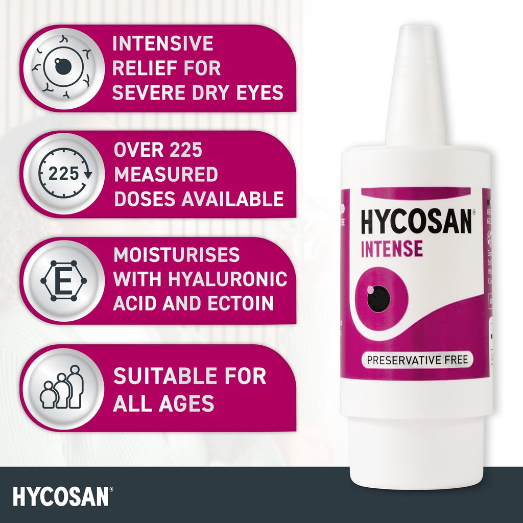Hycosan Intense Eye Drops - Severe Dry Eyes Relief, Itchy Burning Sensation - Preservative Free - 225 Doses - 7.5ml - New - BBE 11/2028