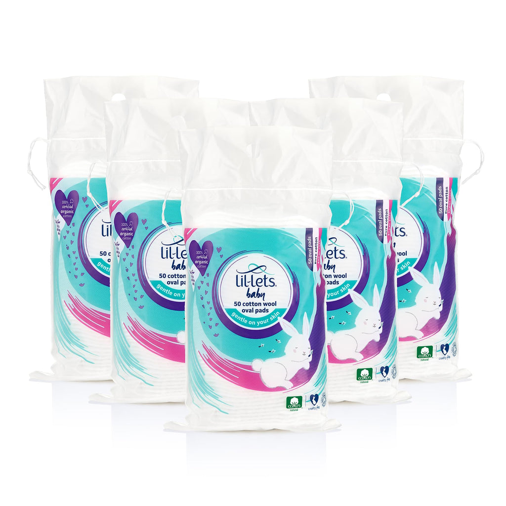 Lil-Lets Baby Cotton Wool Oval Pads - 250 Count (5x 50) - Certified Organic 100% Pure Soft Absorbent Cotton Wool - Damaged Box - BBE 06/2028