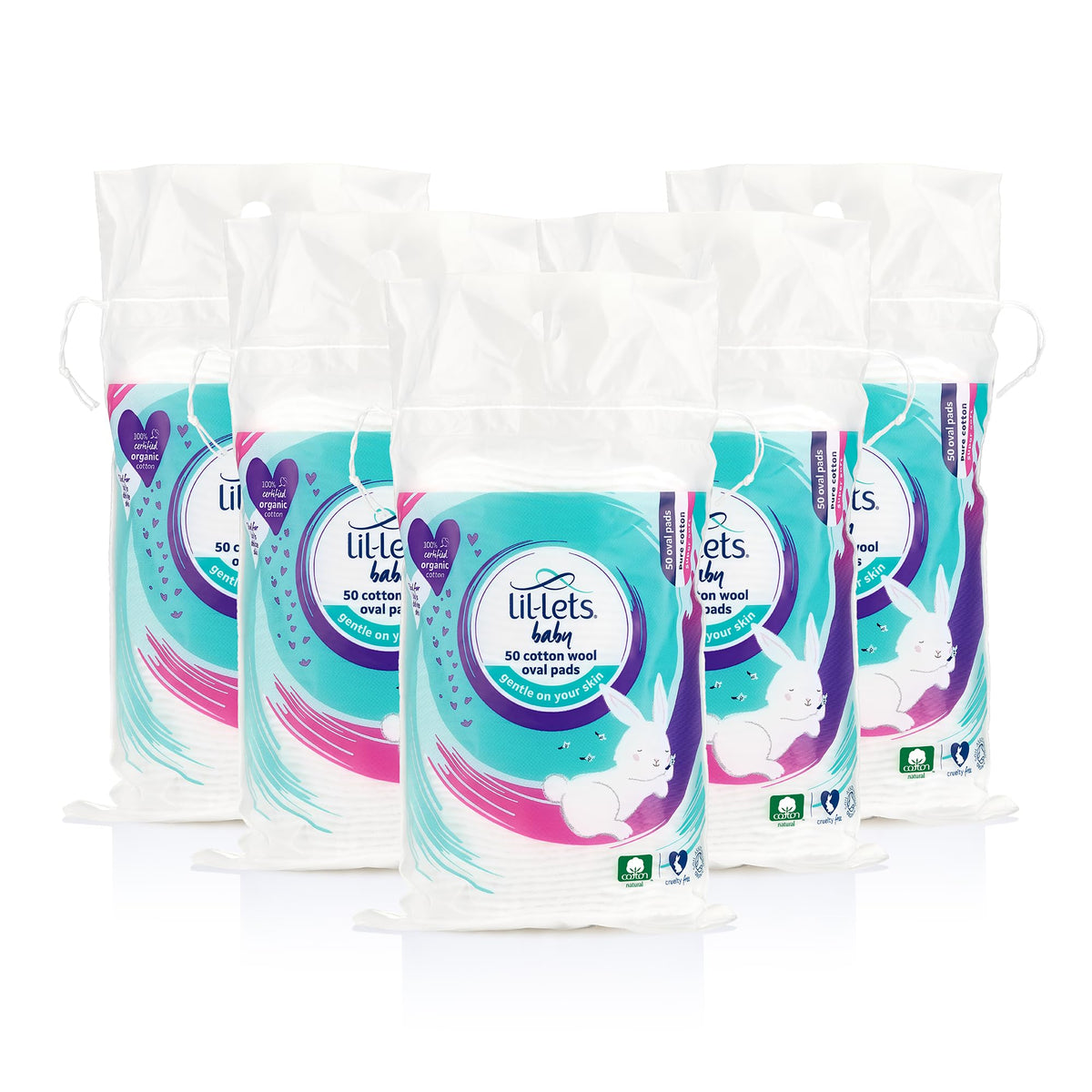 Lil-Lets Baby Cotton Wool Oval Pads - 250 Count (5x 50) - Certified Organic 100% Pure Soft Absorbent Cotton Wool - Damaged Box - BBE 06/2028