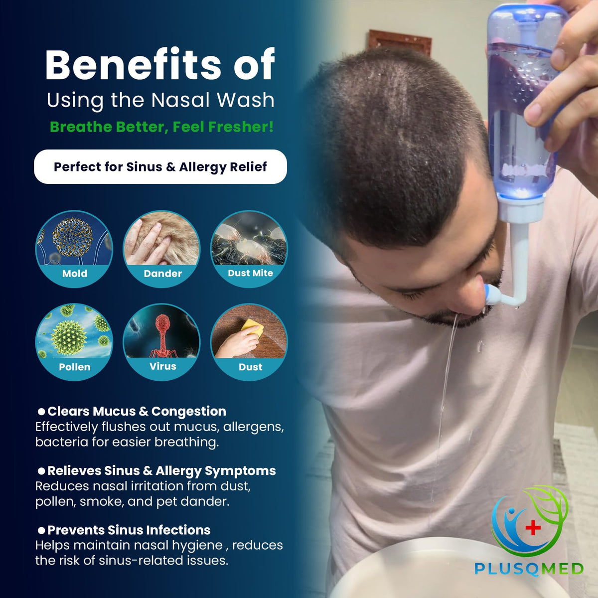 Nasal Rinse Kit - 300ml Bottle 20 Saline Packets - Neti Pot for Sinus Relief & Nasal Hygiene - PH Balanced Drug-Free - Damaged Box - BBE 12/2029