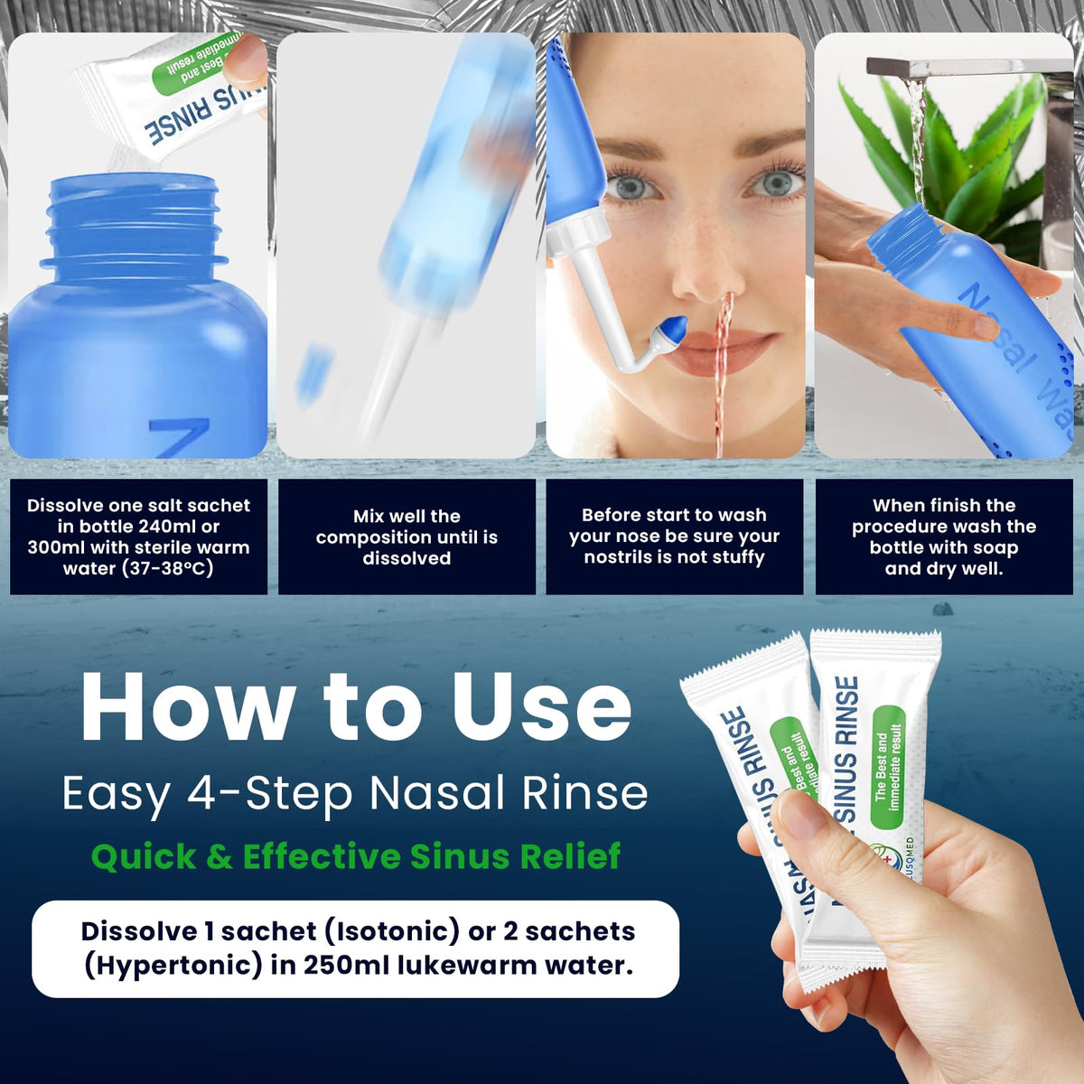 Nasal Rinse Kit - 300ml Bottle 20 Saline Packets - Neti Pot for Sinus Relief & Nasal Hygiene - PH Balanced Drug-Free - Damaged Box - BBE 12/2029
