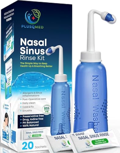 Nasal Rinse Kit - 300ml Bottle 20 Saline Packets - Neti Pot for Sinus Relief & Nasal Hygiene - PH Balanced Drug-Free - Damaged Box - BBE 12/2029