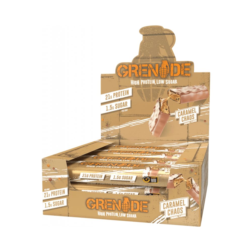 Grenade Protein Bars - Caramel Chaos - 12 x 60g High Protein Snack Bar - Damaged Box - BBE 03/2027