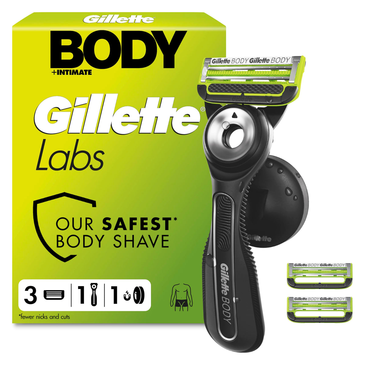 GilletteLabs Body + Intimate Razor for Men - 1 Handle, 3 Cartridges - Shaving Grooming Kit - Damaged Box