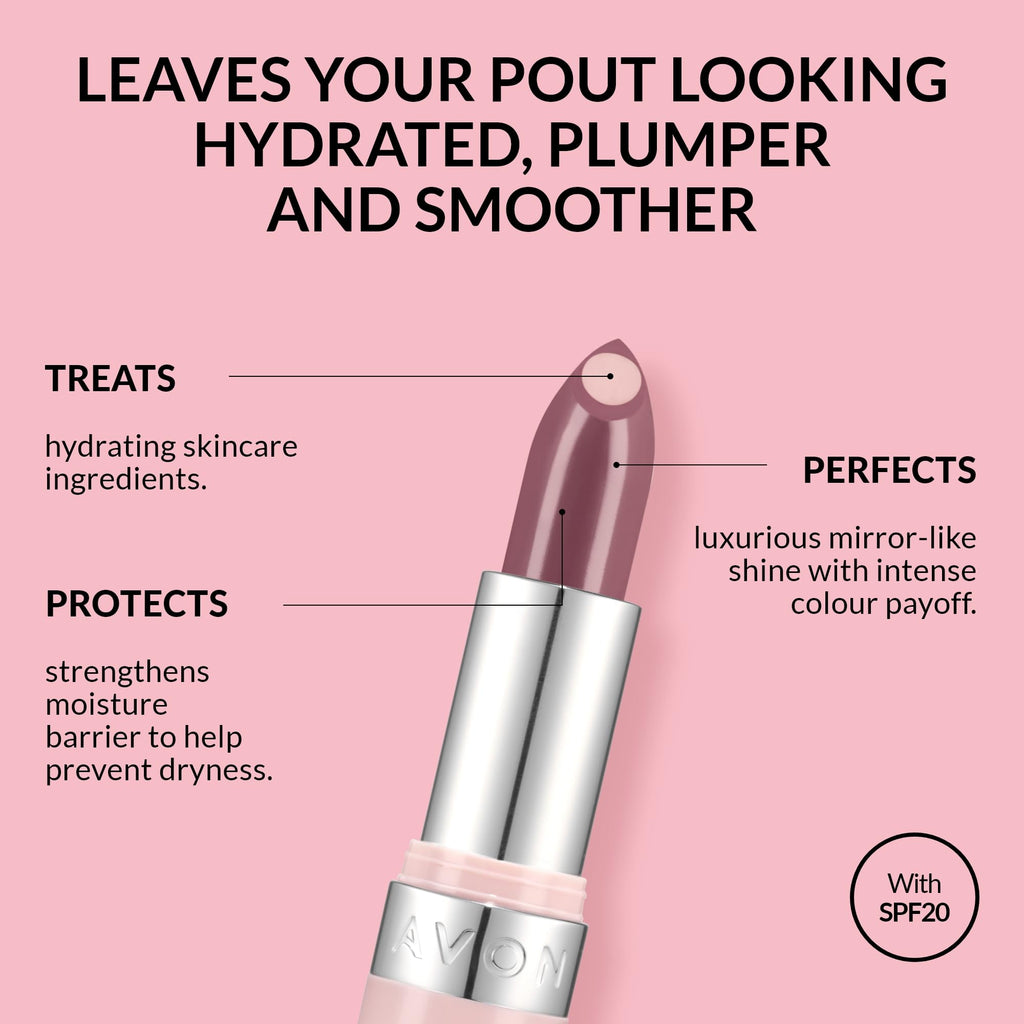 Avon Hydramatic Shine Lipstick 3.6g - Mauvelous - SPF 20 - Hydrating Intense Colour Plumping Cruelty-Free Lip Make-up - New