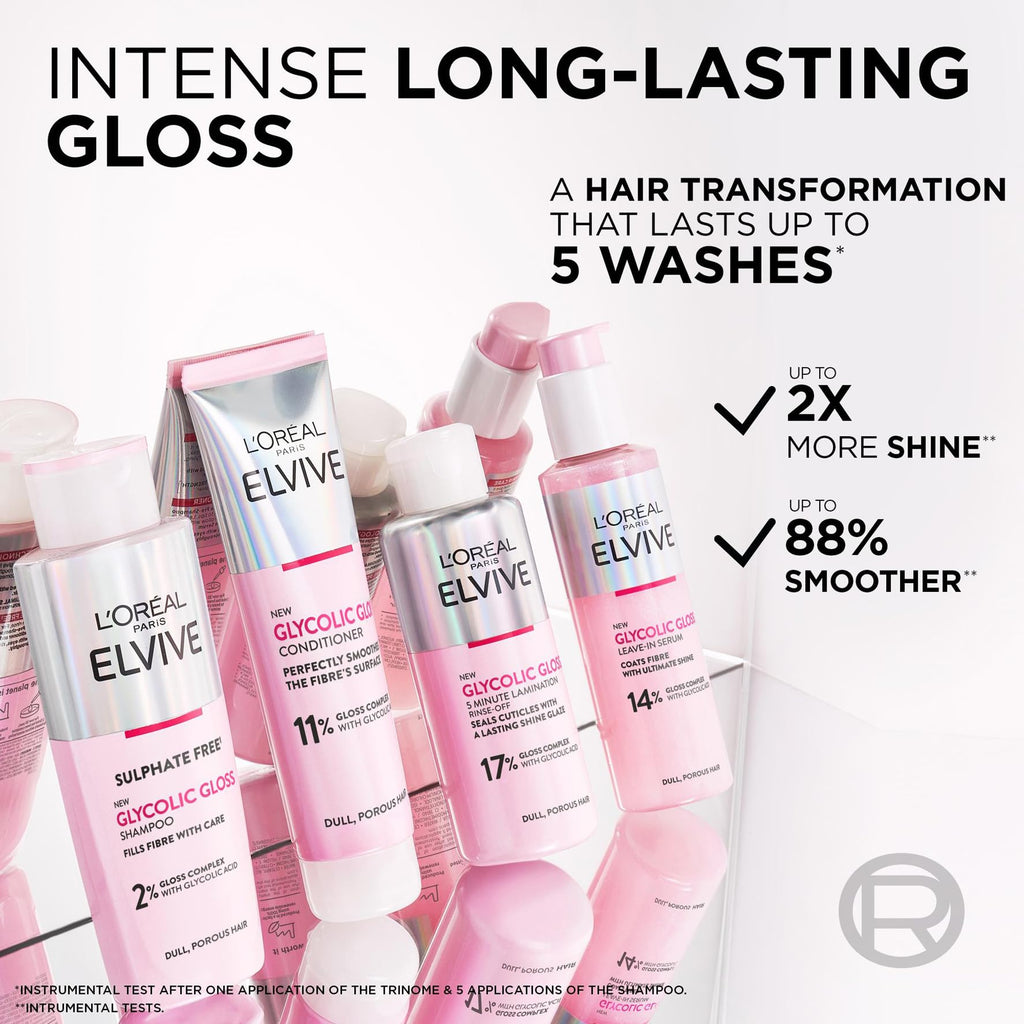 L'Oréal Paris Elvive Glycolic Gloss Shampoo Conditioner Treatment Set - 3 Piece Hair Care Kit - Damaged Box