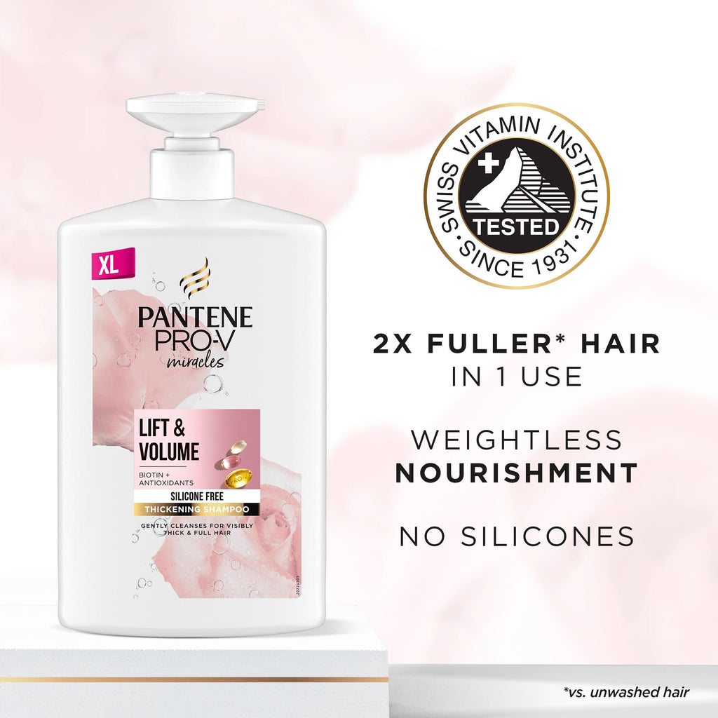 Pantene Lift'N'Volume Thickening Shampoo with Biotin - Silicone Free, 1 Litre - Fine Hair Care Volume Boost - New