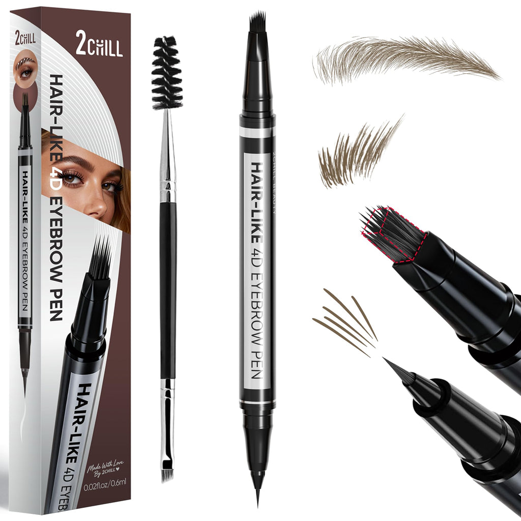 2CHILL 2-in-1 Eyebrow Pen Microblading 4D Pencil Hair-Like Tip Waterproof Long Lasting Natural Brow Makeup Dual-Ended Light Brown - Damaged Box