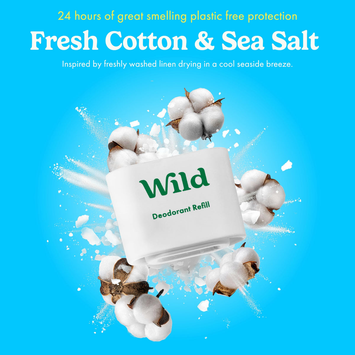 Wild Refillable Natural Deodorant Fresh Cotton & Sea Salt 2 Pack Refills Eco Friendly Vegan Aluminium Free - Damaged Box