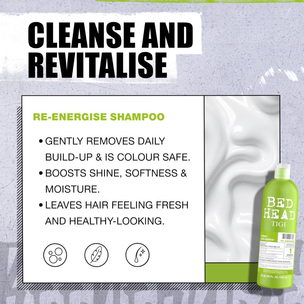Bed Head TIGI Re-Energize Shampoo & Conditioner Set - 2x 750ml Duo Pack - Hair Care Treatment - New