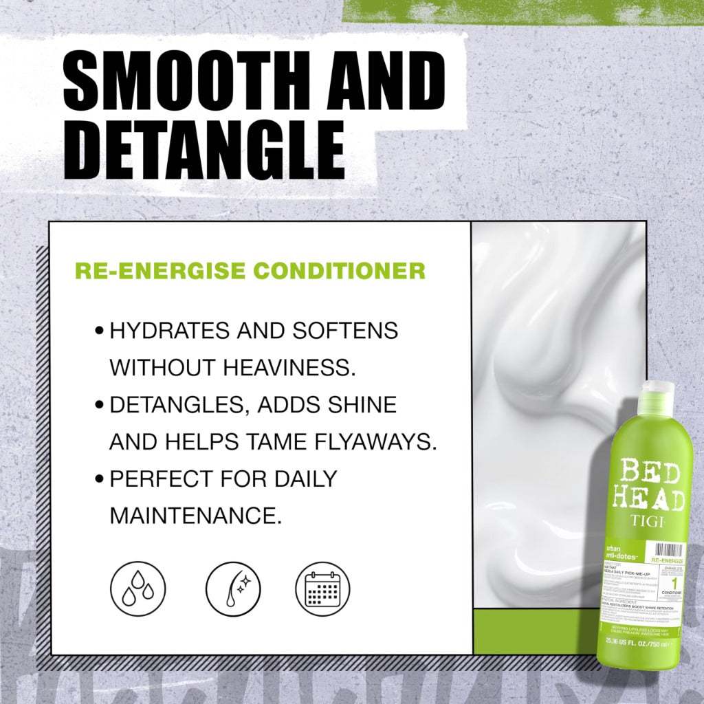 Bed Head TIGI Re-Energize Shampoo & Conditioner Set - 2x 750ml Duo Pack - Hair Care Treatment - New