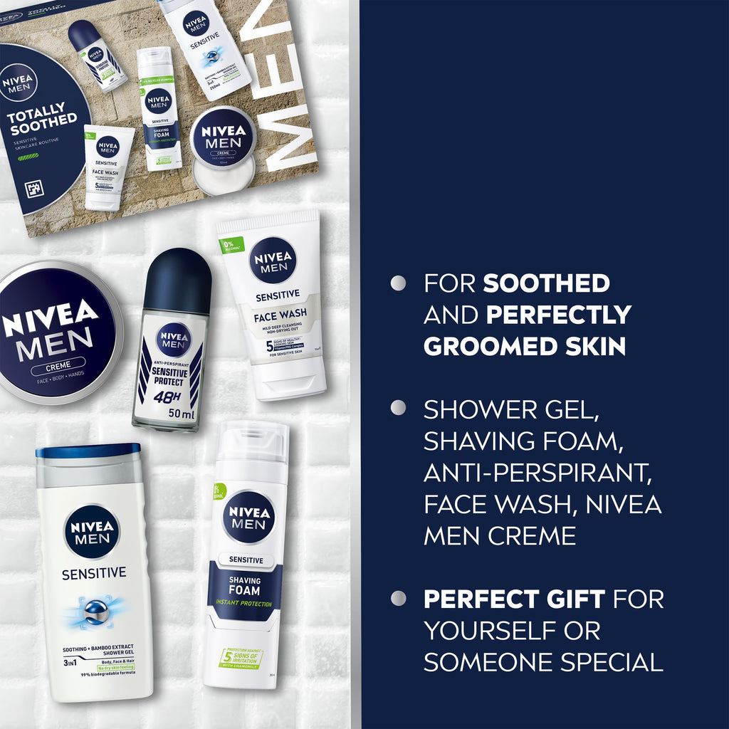 NIVEA MEN Totally Soothed Gift Set - 5 Piece Skincare Set with Shaving Foam, Shower Gel, Anti-Perspirant, Face Wash & Creme - Damaged Box