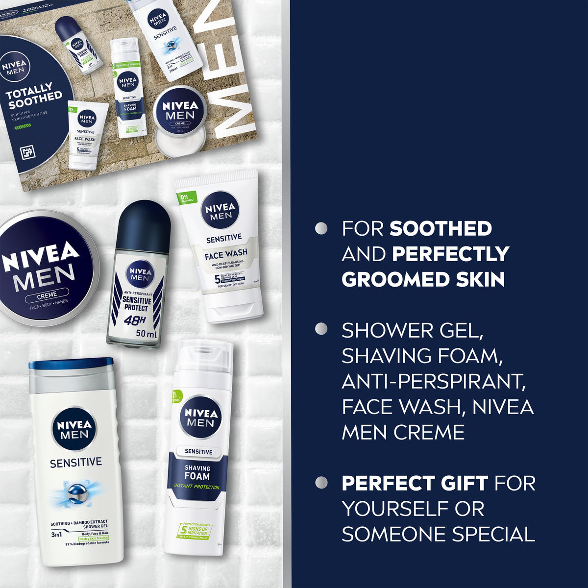 NIVEA MEN Totally Soothed Gift Set - 5 Piece Skincare Set with Shaving Foam, Shower Gel, Anti-Perspirant, Face Wash & Creme - Damaged Box