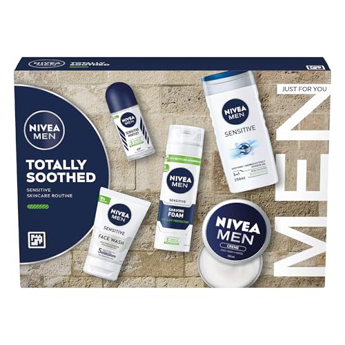 NIVEA MEN Totally Soothed Gift Set - 5 Piece Skincare Set with Shaving Foam, Shower Gel, Anti-Perspirant, Face Wash & Creme - Damaged Box