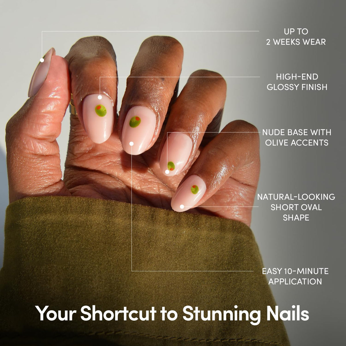Glamnetic Press On Nails - Tipsy Olive Short Oval Glossy Fake Nails - 30 Pc Full Kit - Damaged Box