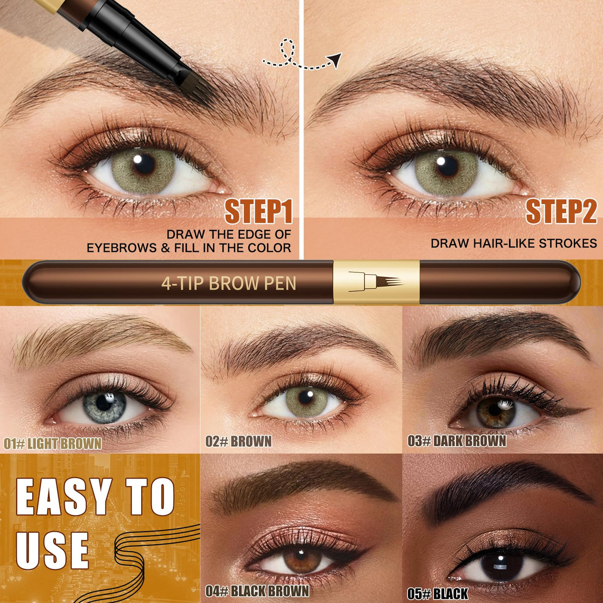Microblading Eyebrow Pen - 4 Fork Tip Eye Brow Pencil - Waterproof Long-Lasting - Hair-Like Brows - 04 Black Brown - Damaged Box