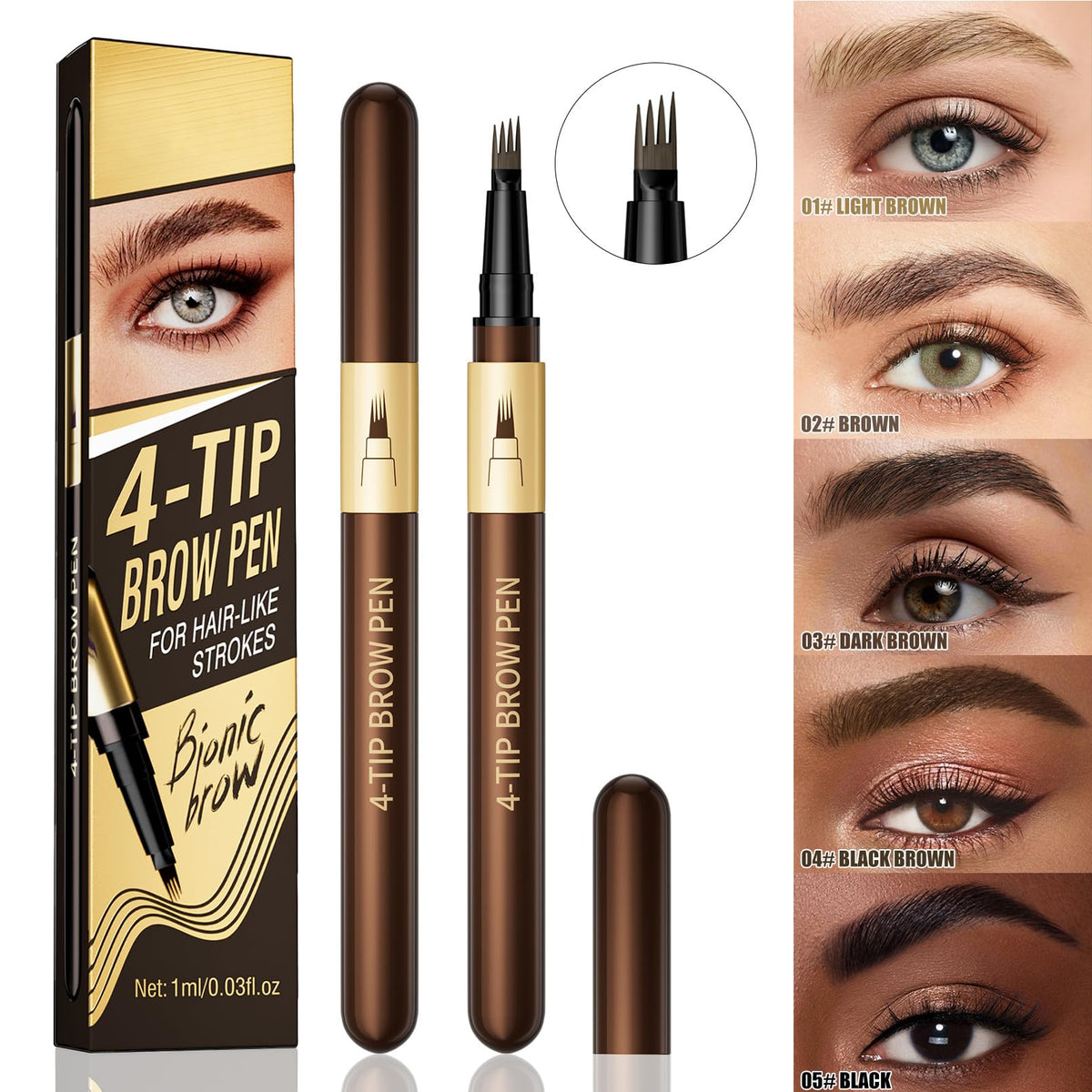 Microblading Eyebrow Pen - 4 Fork Tip Eye Brow Pencil - Waterproof Long-Lasting - Hair-Like Brows - 04 Black Brown - Damaged Box