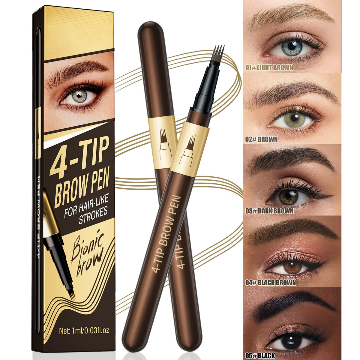 Microblading Eyebrow Pen - 4 Fork Tip Eye Brow Pencil - Waterproof Long-Lasting - Hair-Like Brows - 04 Black Brown - Damaged Box