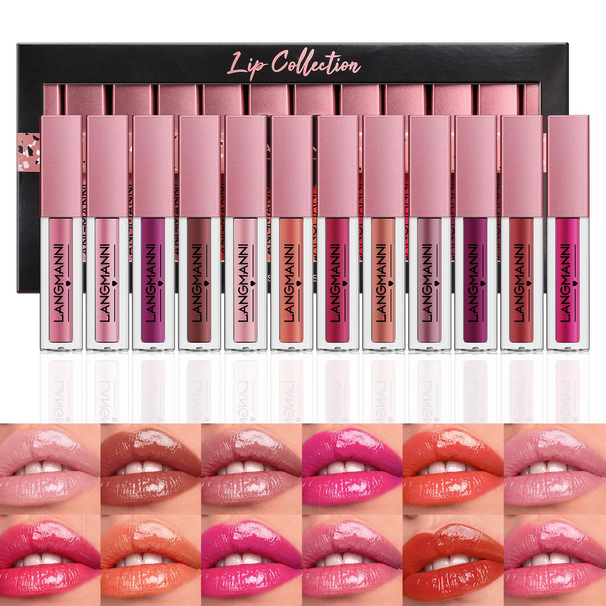 LANGMANNI 12Pcs Lip Gloss Collection Set - Glossy Lip Makeup Kit - Assorted Shades - Damaged Box