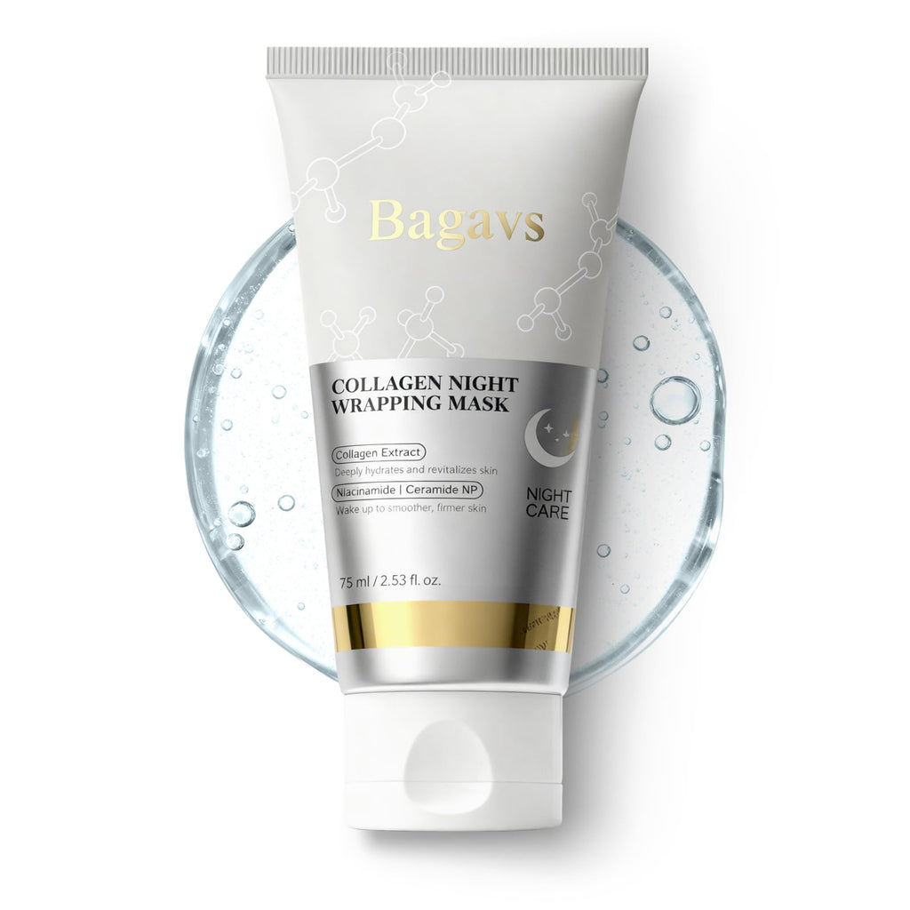 Bagavs Collagen Night Wrapping Mask - Overnight Peel-Off Face Mask - 75ml with Brush - Reduces Fine Lines & Hydrates Skin - Damaged Box