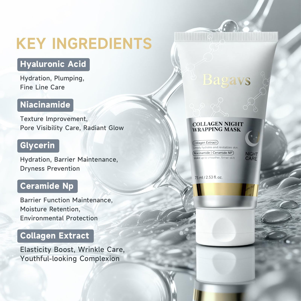 Bagavs Collagen Night Wrapping Mask - Overnight Peel-Off Face Mask - 75ml with Brush - Reduces Fine Lines & Hydrates Skin - Damaged Box