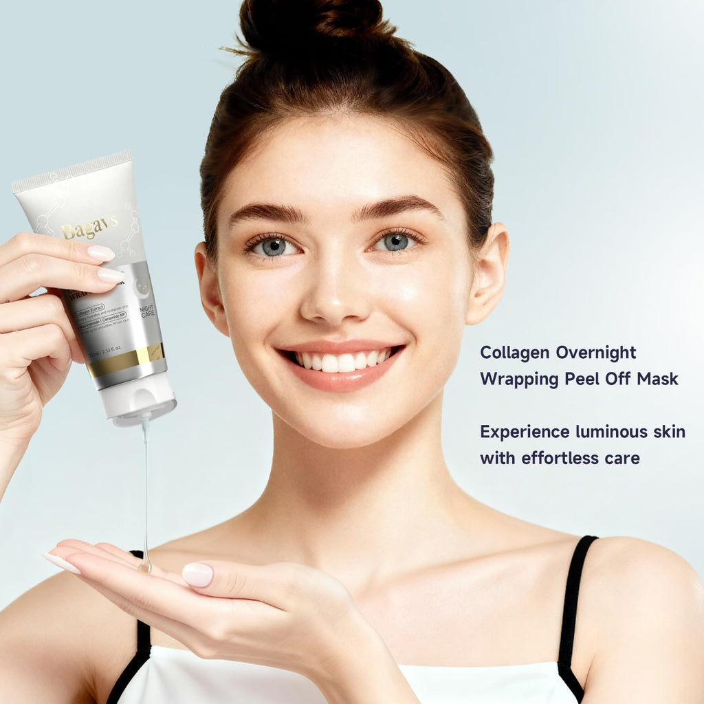 Bagavs Collagen Night Wrapping Mask - Overnight Peel-Off Face Mask - 75ml with Brush - Reduces Fine Lines & Hydrates Skin - Damaged Box