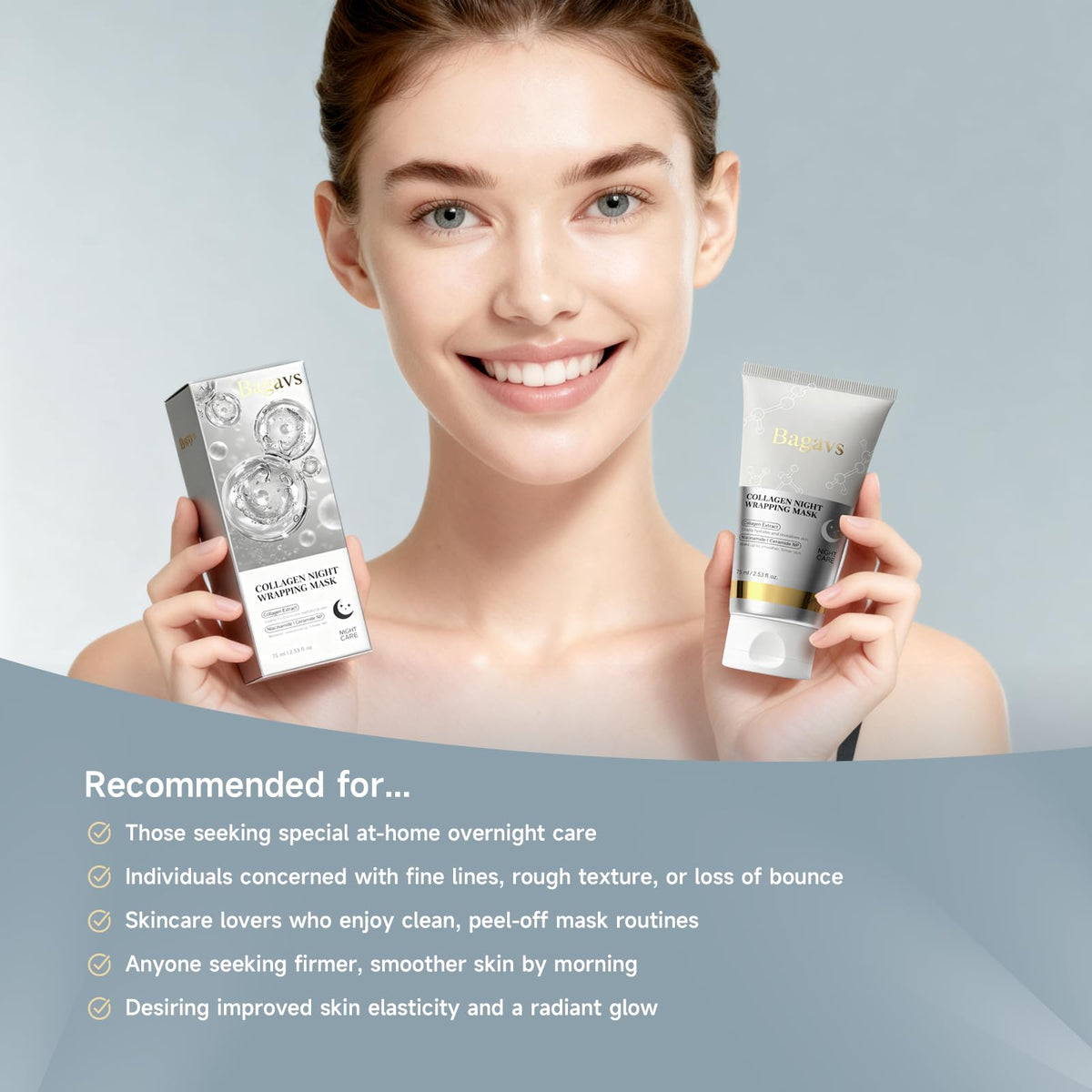 Bagavs Collagen Night Wrapping Mask - Overnight Peel-Off Face Mask - 75ml with Brush - Reduces Fine Lines & Hydrates Skin - Damaged Box