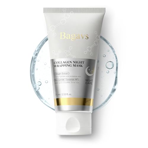 Bagavs Collagen Night Wrapping Mask - Overnight Peel-Off Face Mask - 75ml with Brush - Reduces Fine Lines & Hydrates Skin - Damaged Box