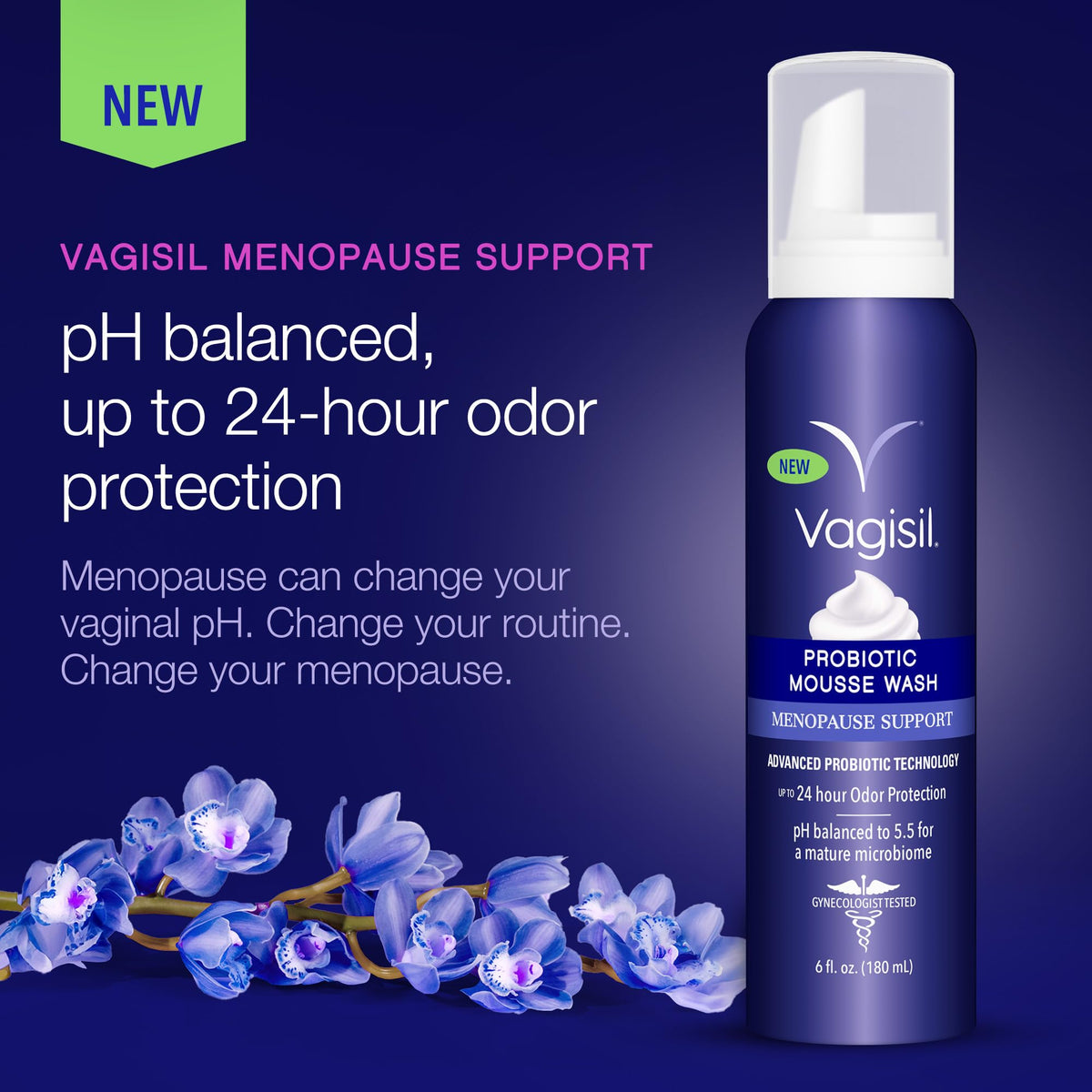 Vagisil Menopause Probiotic Mousse Wash - 24 Hour Odour Protection - 180ml Intimate Hygiene - New