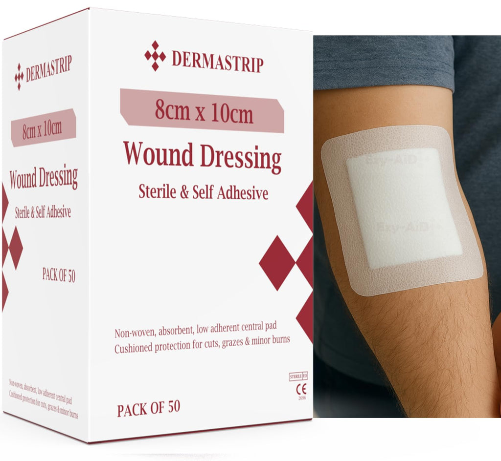DermaStrip Sterile Adhesive Wound Dressings 8cm x 10cm Cushioned Pads - 50 Pack Individually Wrapped - Damaged Box - BBE 07/2030