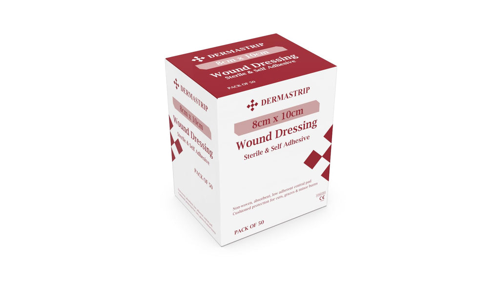 DermaStrip Sterile Adhesive Wound Dressings 8cm x 10cm Cushioned Pads - 50 Pack Individually Wrapped - Damaged Box - BBE 07/2030