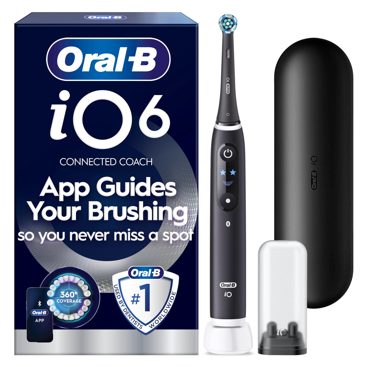 Oral-B iO6 Electric Toothbrush for Adults - 1 Head, 5 Modes, Teeth Whitening, Black Lava, Travel Case - 2 Pin Plug - Damaged Box