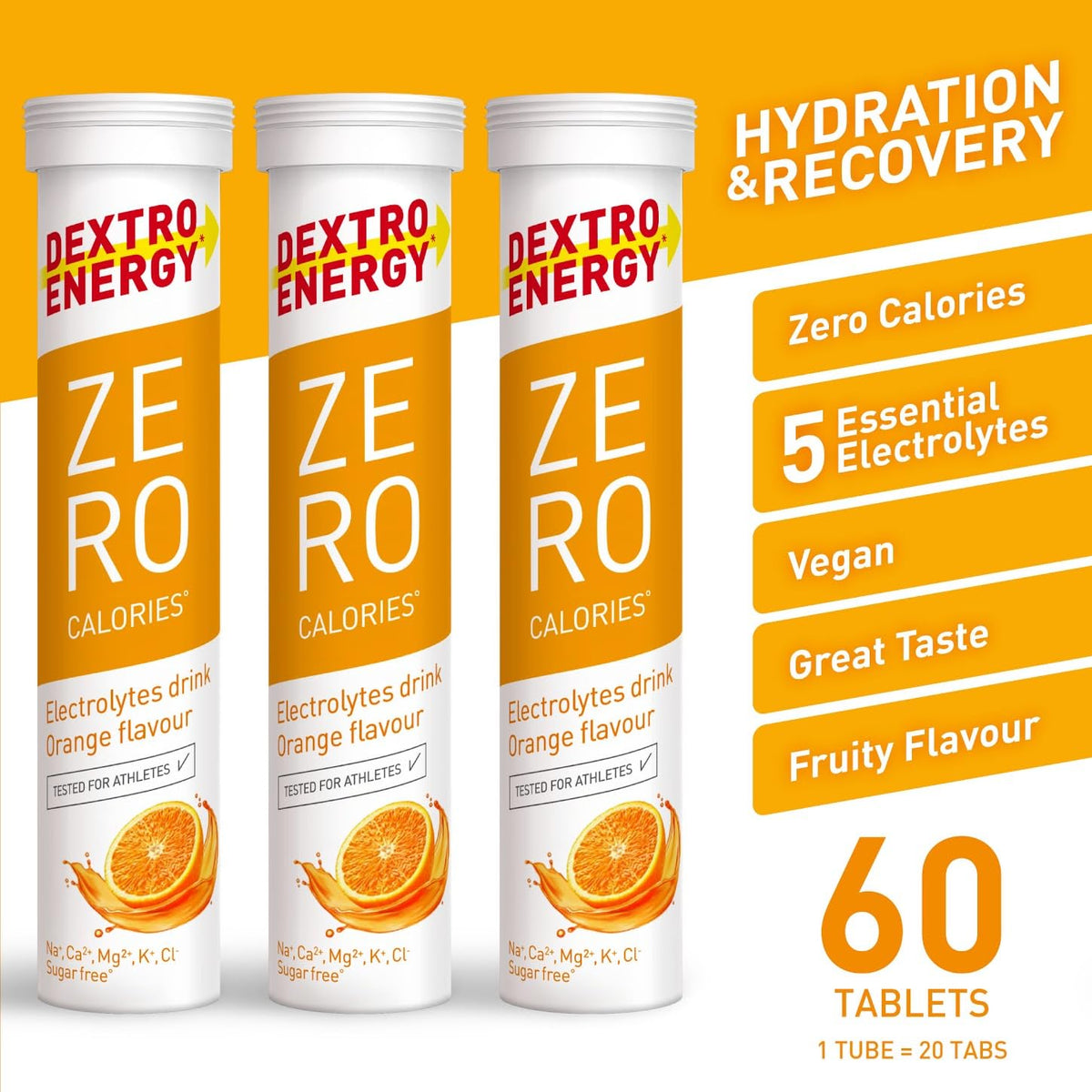 Dextro Energy Zero Calorie Electrolyte Tablets - Orange - Hydration Recovery Drink - 3 Tubes 60 Tablets - New - BBE 09/2027