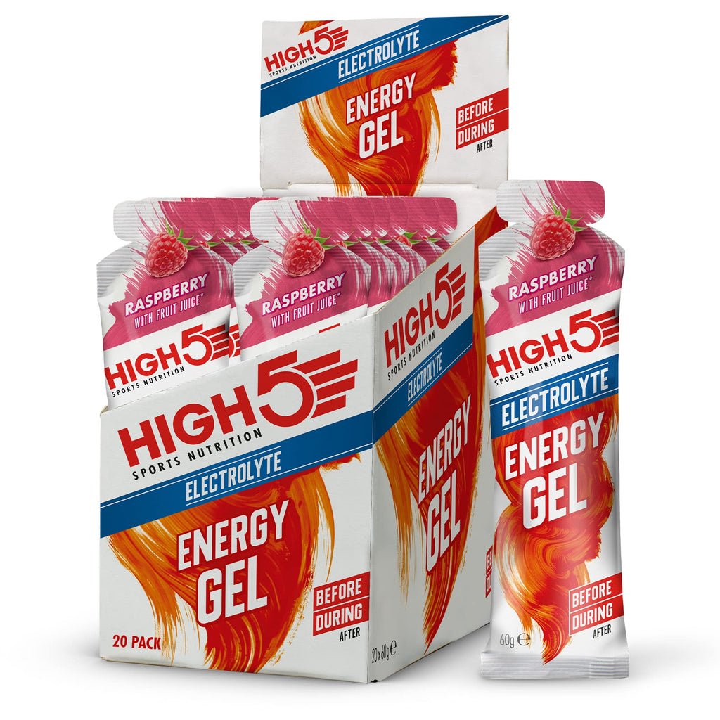 HIGH5 Energy Gel with Electrolytes - Raspberry Flavour - 20 x 60g Sachets - Sports Endurance Fuel - Damaged Box - BBE 03/2027