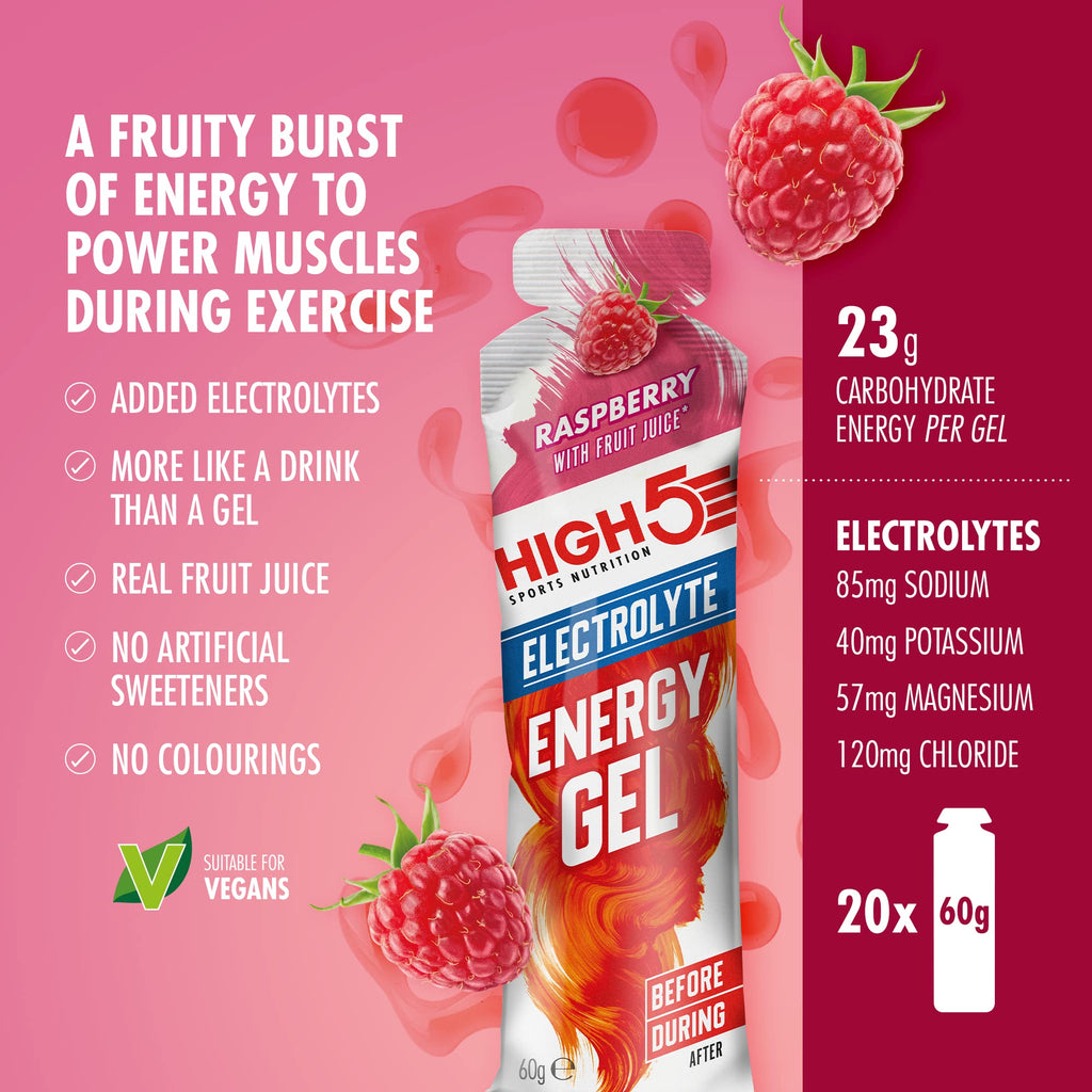 HIGH5 Energy Gel with Electrolytes - Raspberry Flavour - 20 x 60g Sachets - Sports Endurance Fuel - Damaged Box - BBE 03/2027