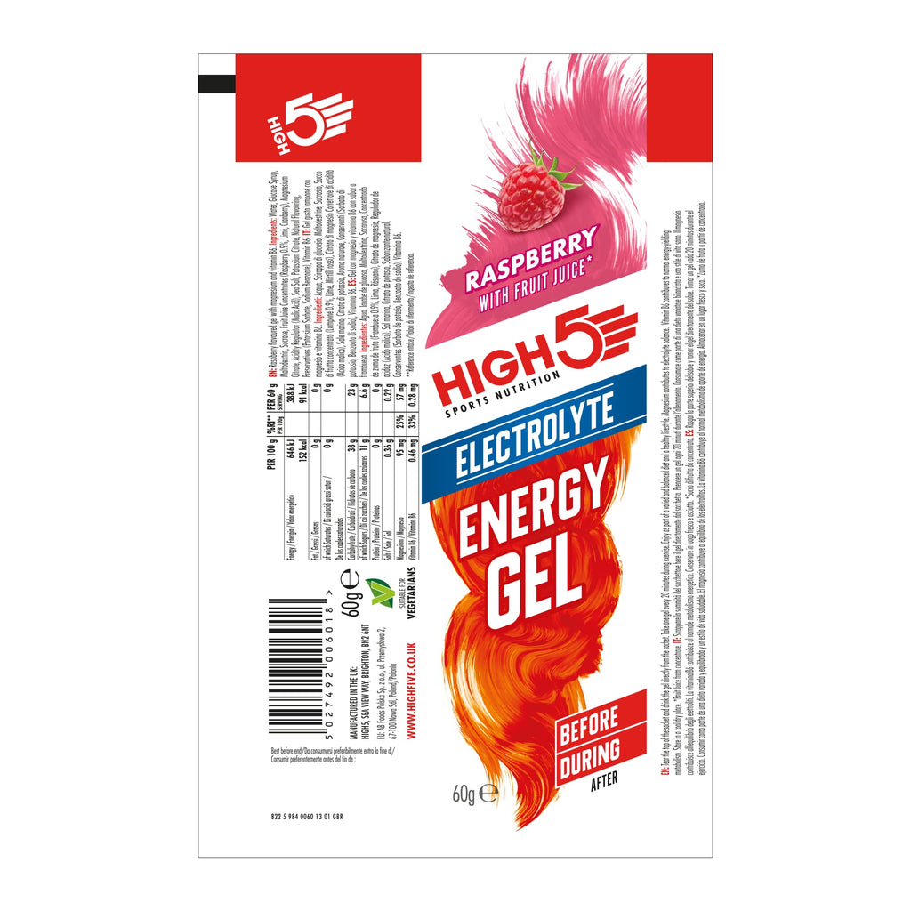 HIGH5 Energy Gel with Electrolytes - Raspberry Flavour - 20 x 60g Sachets - Sports Endurance Fuel - Damaged Box - BBE 03/2027