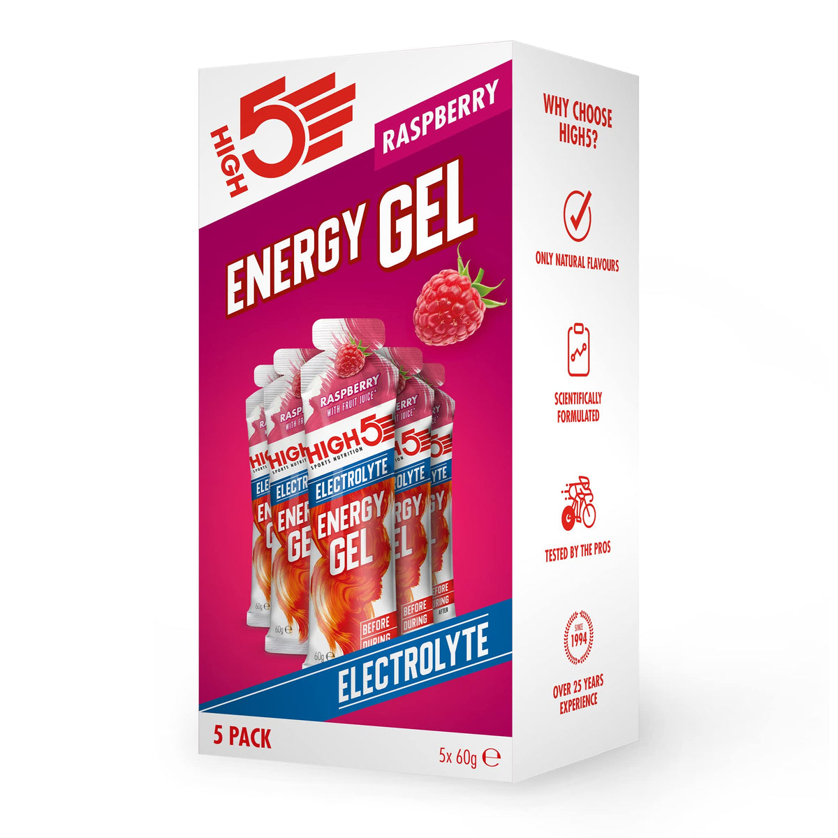 HIGH5 Energy Gel with Electrolytes - Raspberry Flavour - 20 x 60g Sachets - Sports Endurance Fuel - Damaged Box - BBE 03/2027