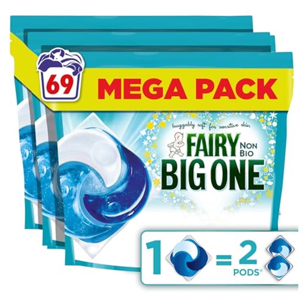 Fairy Non Bio PODS Washing Liquid Laundry Detergent Capsules - 69 Washes (3x23) - Sensitive Skin - 2X Stain Removal - Damaged Box