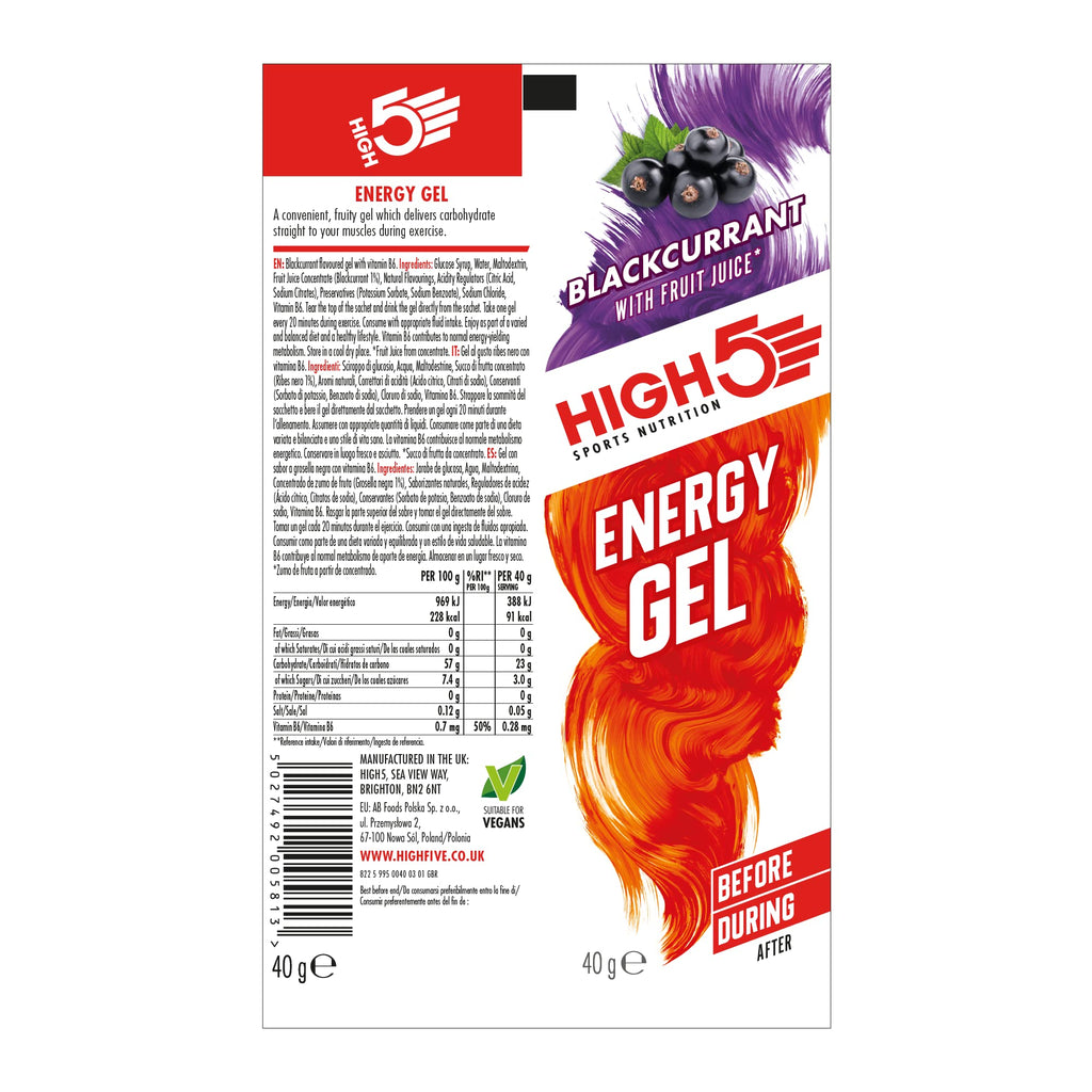 HIGH5 Energy Gels - Blackcurrant Running Fuel - 20x 40g Sachets - On-the-Go Endurance Sports Drink - Damaged Box - BBE 04/2027