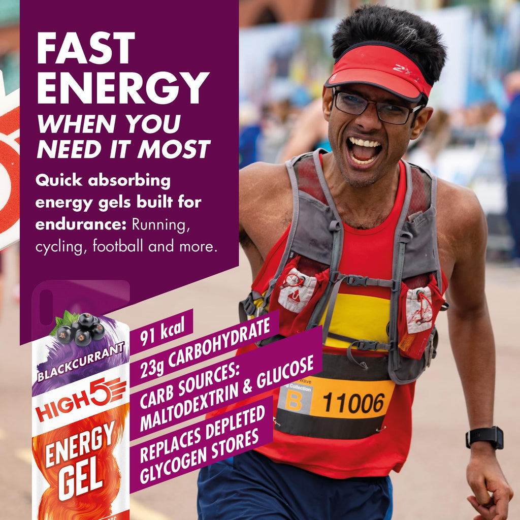 HIGH5 Energy Gels - Blackcurrant Running Fuel - 20x 40g Sachets - On-the-Go Endurance Sports Drink - Damaged Box - BBE 04/2027