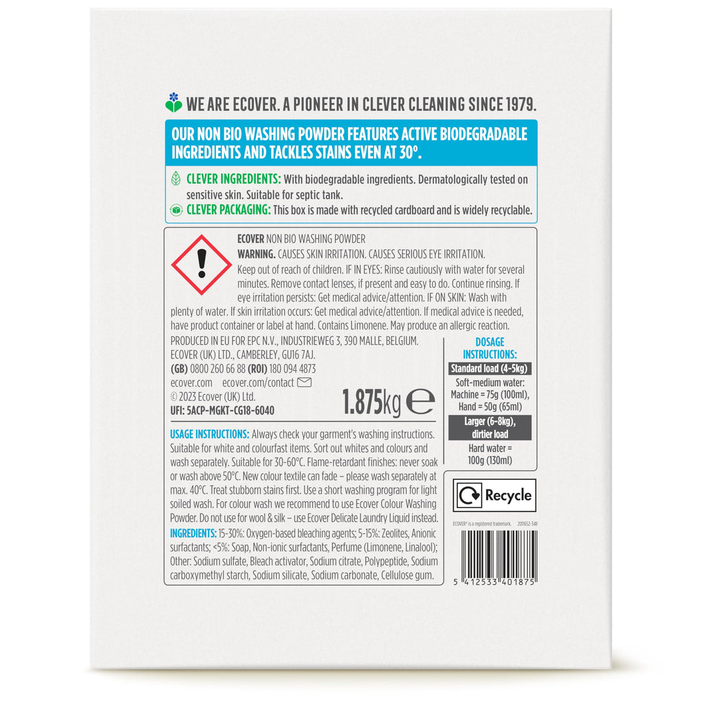 Ecover Non-Bio Laundry Powder - Everyday Fabric Care - 25 Washes - 1.875kg - Eco Friendly Washing Detergent - New