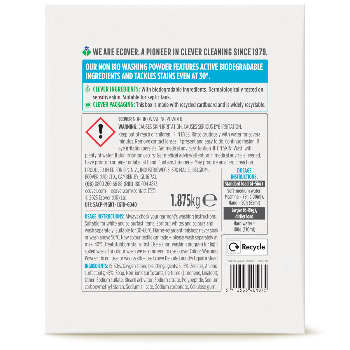 Ecover Non-Bio Laundry Powder - Everyday Fabric Care - 25 Washes - 1.875kg - Eco Friendly Washing Detergent - New