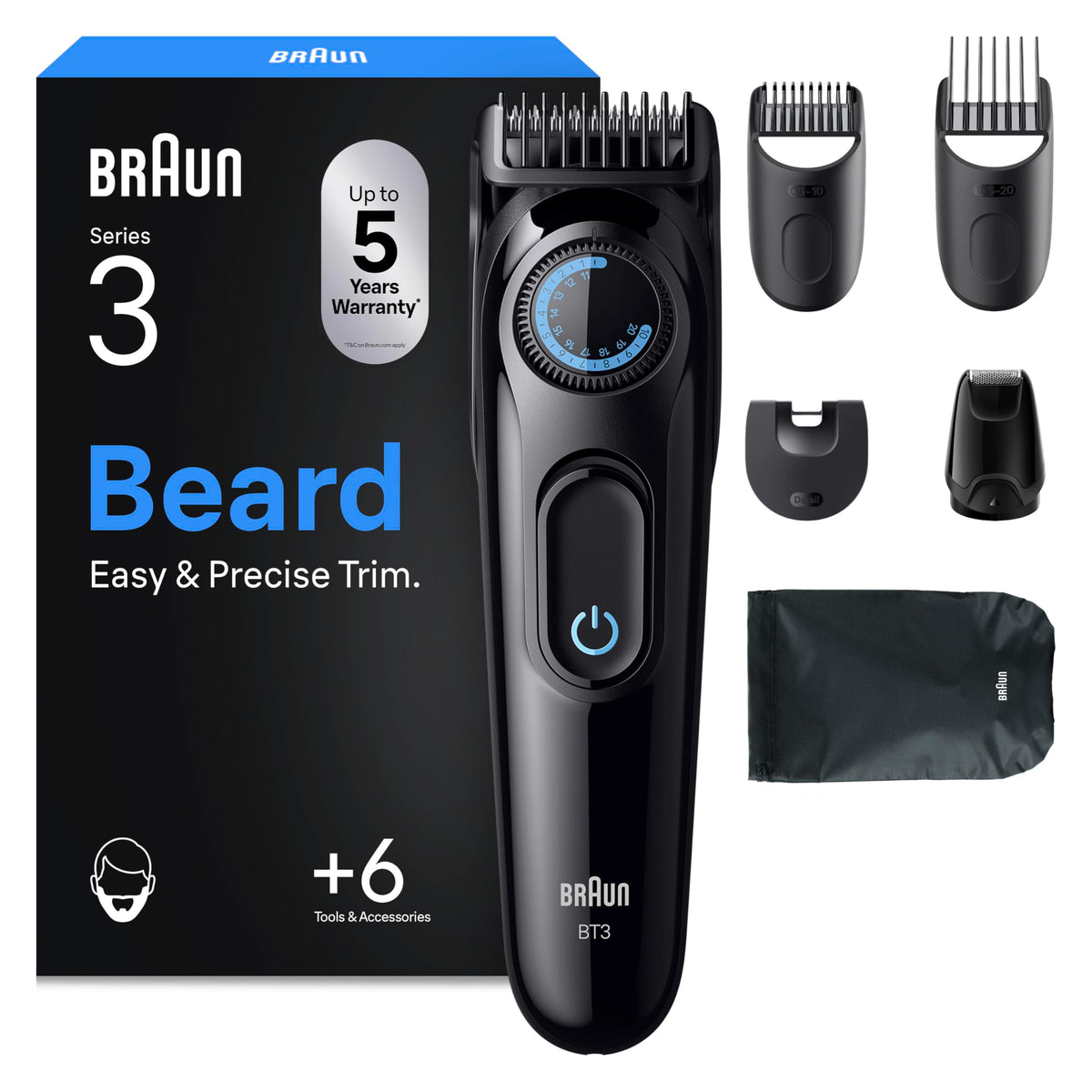 Braun Series 3 Beard Trimmer for Men BT3565 - 6-in-1 Grooming Kit - 40 Precision Lengths - Cordless Black/Blue - Damaged Box