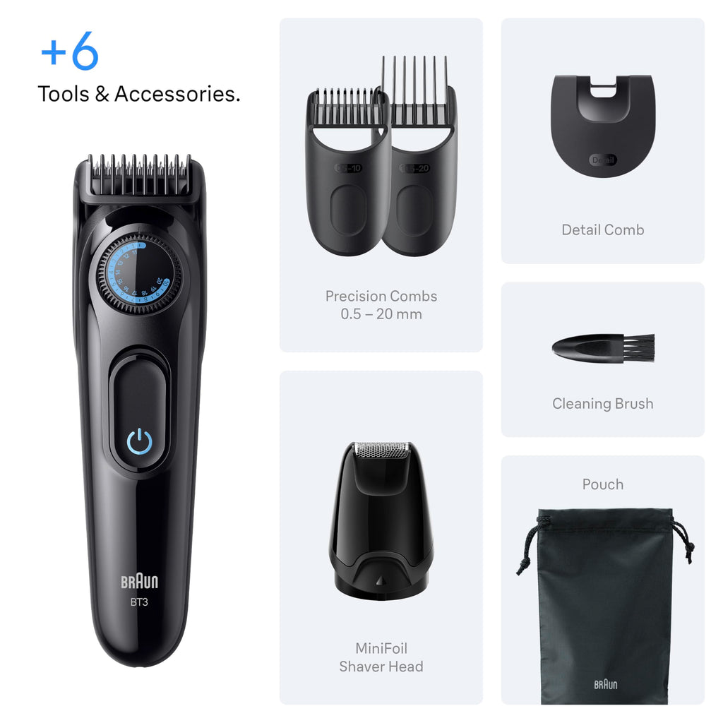 Braun Series 3 Beard Trimmer for Men BT3565 - 6-in-1 Grooming Kit - 40 Precision Lengths - Cordless Black/Blue - Damaged Box