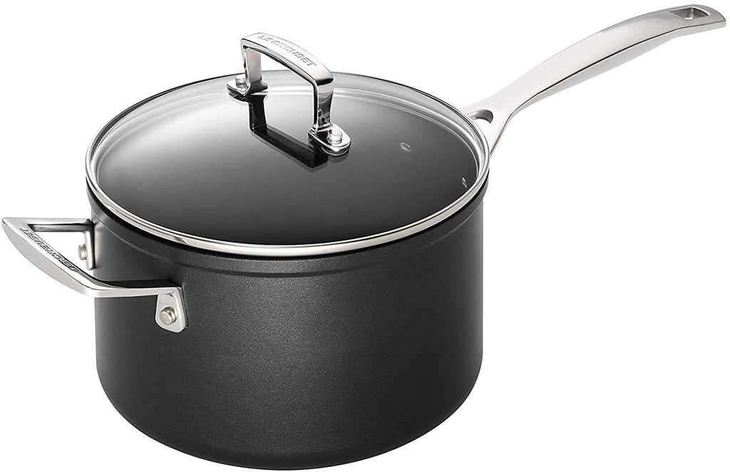 LE CREUSET Toughened Non-Stick Saucepan with Helper Handle & Glass Lid - 18cm Black Aluminium 51108180010302 - New
