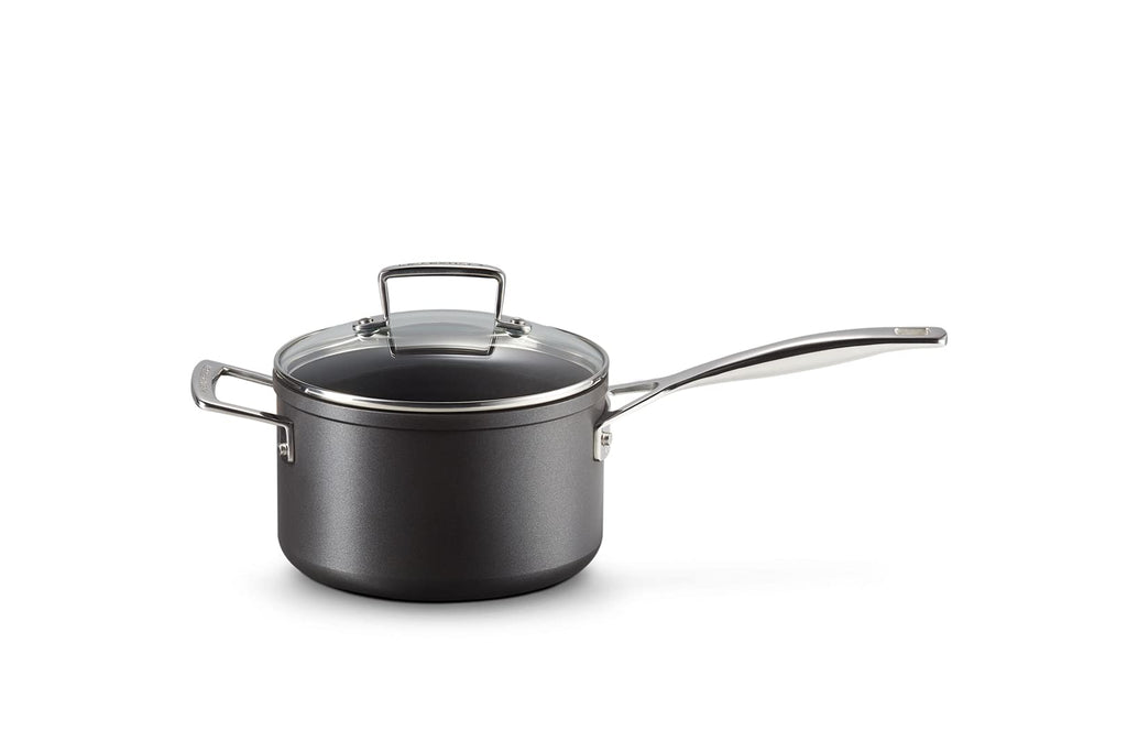 LE CREUSET Toughened Non-Stick Saucepan with Helper Handle & Glass Lid - 18cm Black Aluminium 51108180010302 - New