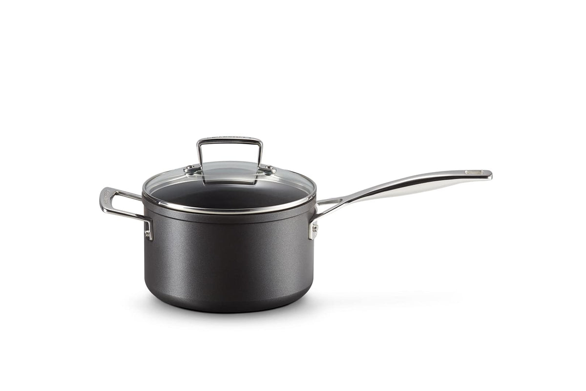 LE CREUSET Toughened Non-Stick Saucepan with Helper Handle & Glass Lid - 18cm Black Aluminium 51108180010302 - New