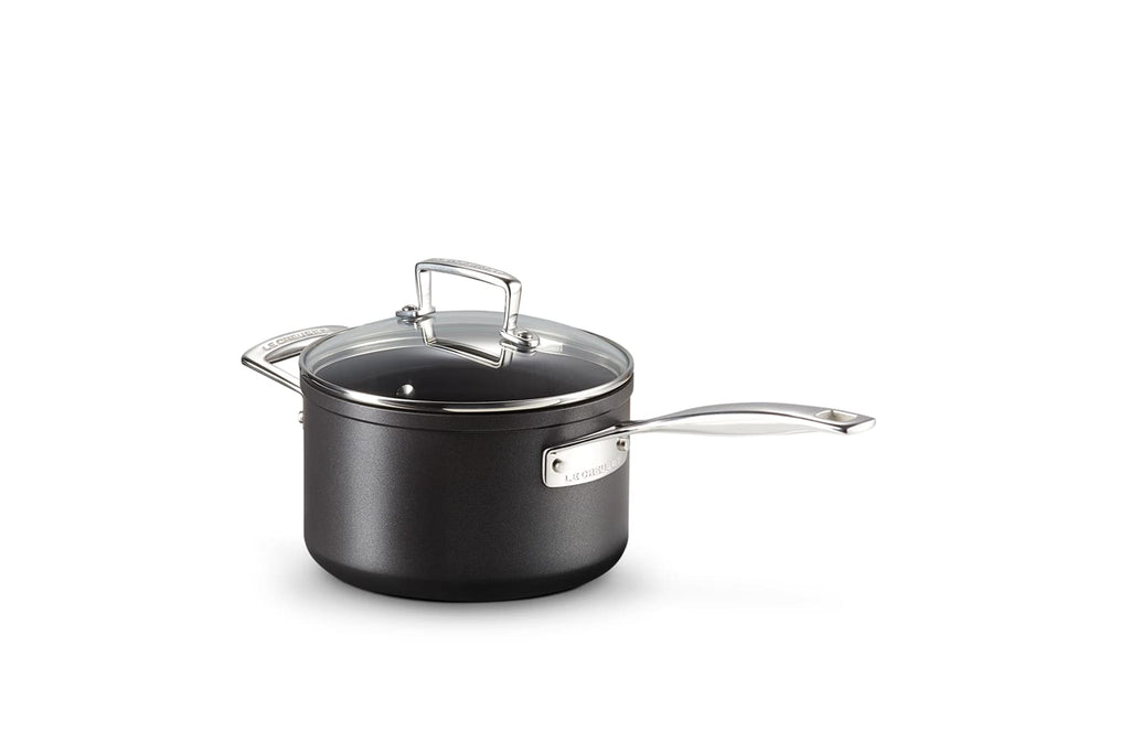 LE CREUSET Toughened Non-Stick Saucepan with Helper Handle & Glass Lid - 18cm Black Aluminium 51108180010302 - New