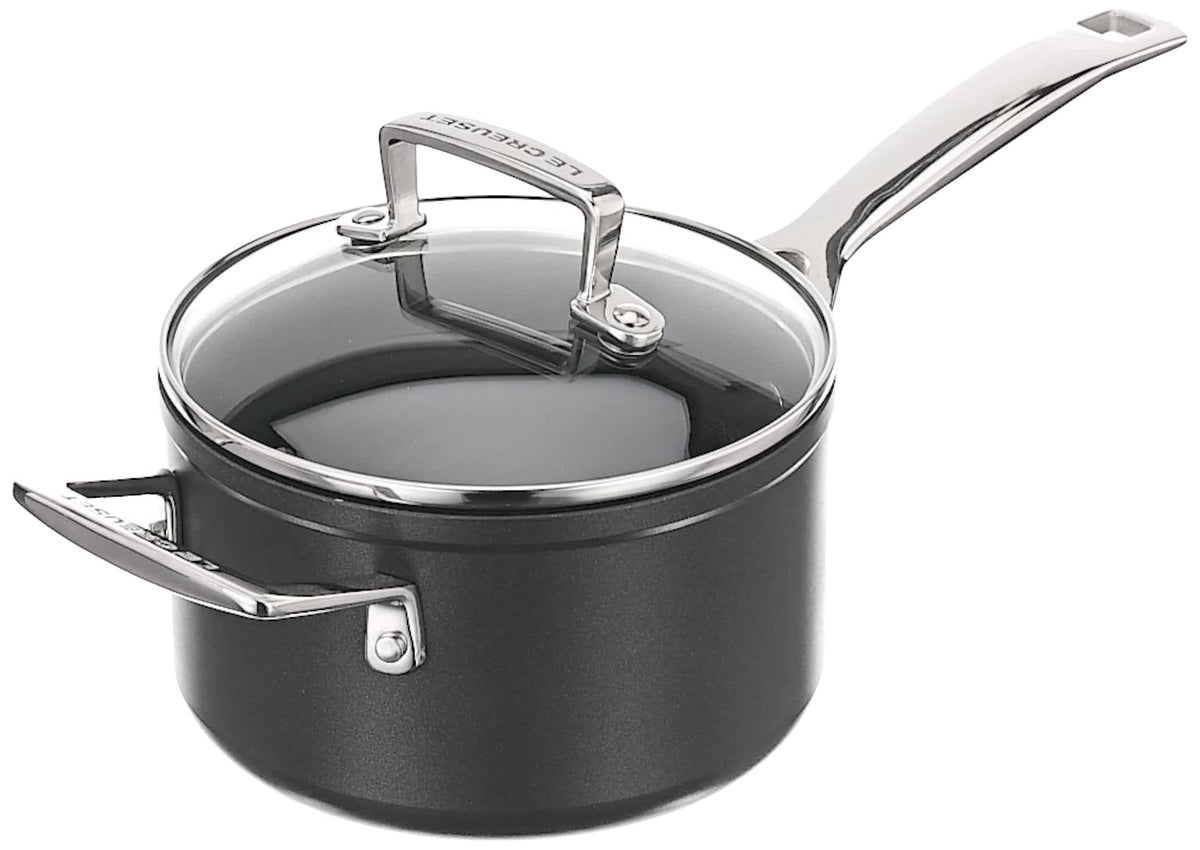 LE CREUSET Toughened Non-Stick Saucepan with Helper Handle & Glass Lid - 18cm Black Aluminium 51108180010302 - New