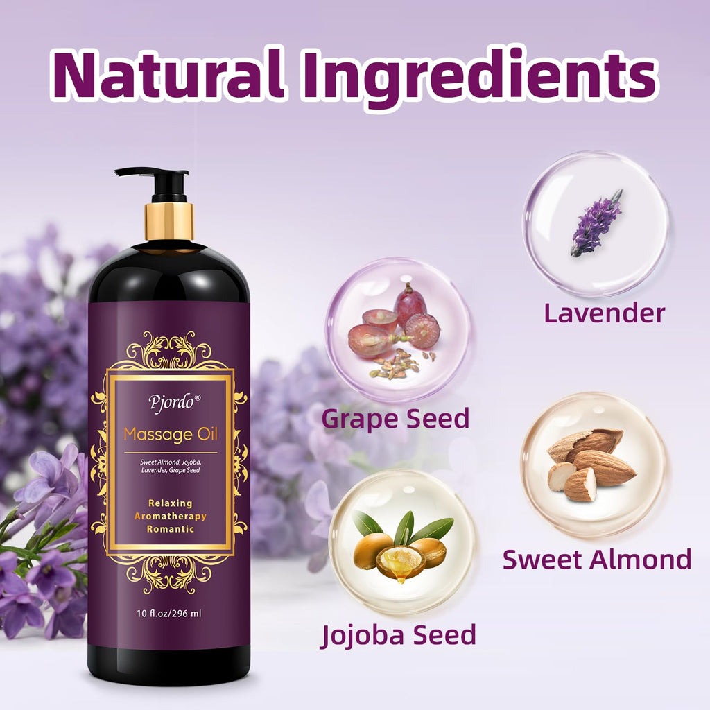 Pjordo Lavender Massage Oil 296ml - Aromatherapy Body Oil for Relaxing, Soothing Skin - Grape Seed, Sweet Almond, Jojoba - Damaged Box